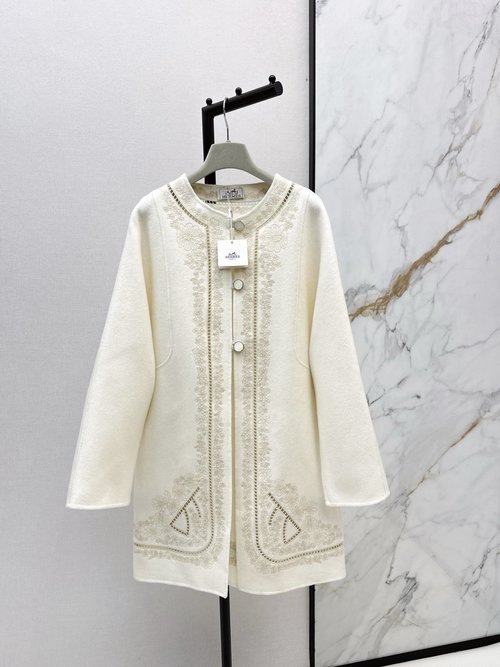 Hermes Exquisite Double-Faced Cashmere Overcoat with Delicate Lace Embroidery