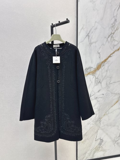 Hermes Elegant Hand-Embroidered Cashmere Long Overcoat