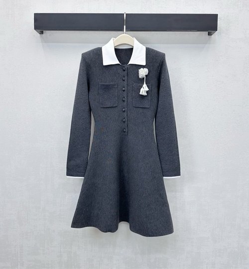 Self-Portrai Knitted Dress with Collar and Floral Decoration