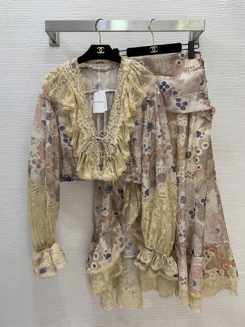 Zimmermann Lace-Trimmed Two-piece with Ruffled Collar and High-Slit Skirt