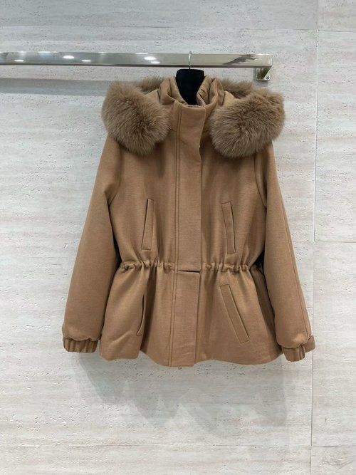 Loro Piana Classic Flight Jacket Imported Fox Fur Trim Removable Hood Waist-defining Wool Blend Liner