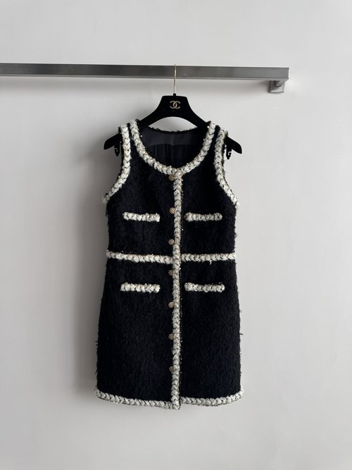 Chanel Elegant Black Tweed Sleeveless Vest Dress with White Trim