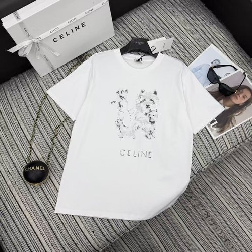 Celine Dog-Printed Round-Neck Short-Sleeved T-Shirt with Soft Fabric