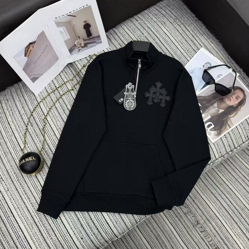 Chrome Hearts Modern Leather-Badge Cross Stand-Collar Sweatshirt in Dual Colors
