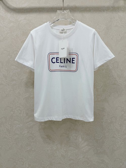 Celine Elastic Short-Sleeved T-Shirt with Logo Print