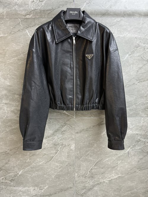 Prada Retro Short Sheepskin Jacket with Logo