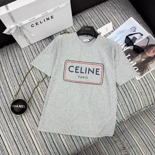 Celine Trendy Two-Tone Letter-Printed Short-Sleeve Round-Neck Tee