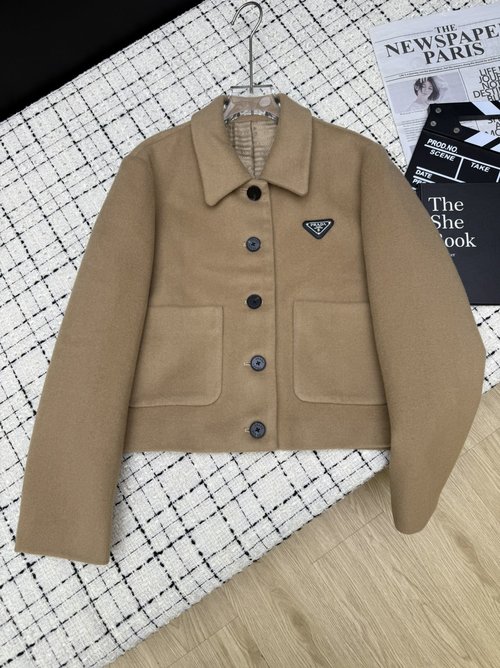 Prada Wool Shoulder-Contoured Coat with Broad Silhouette, Short Design for a Refined Look