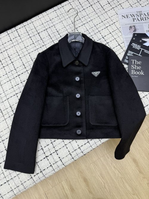 Prada Wool Shoulder-Contoured Coat with Broad Silhouette, Short Design for a Refined Look