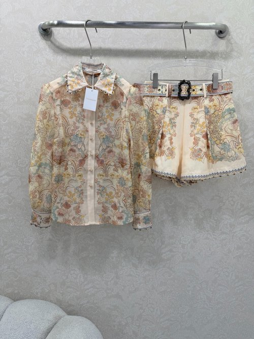 Zimmermann Pearl-Embellished Print Blouse and High-Waist Shorts Set