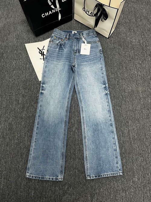 Dior Classic Blue Washed Straight-Leg Jeans with Fancy Details