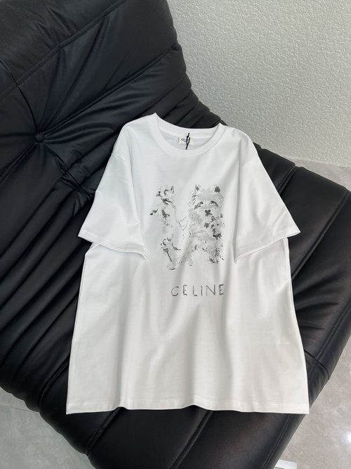 Celine Comfortable Short-Sleeve T-Shirt with Dog and Letter Logo