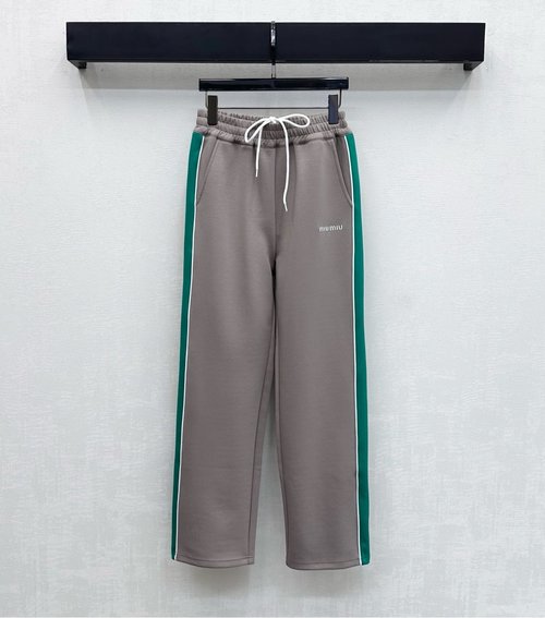 Miu Miu Custom Cotton Straight-Leg Pants with Webbing Logo and Embroidered Decoration