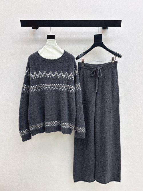 Loro Piana Fair Isle Knit Set: Sweater and Straight - Leg Pants, Simple and Sophisticated