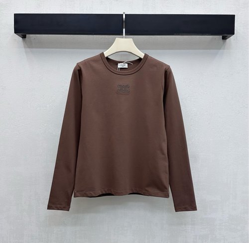 Celine Cotton Long-Sleeve Top with Embroidered Arch Logo