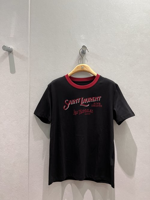 Yves Saint Laurent Color-Blocked Collar Flocked Letter Print T-Shirt, Simple and Elegant