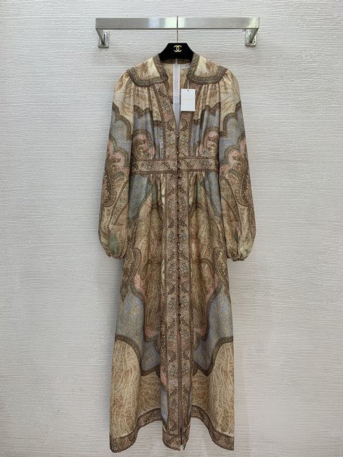 Zimmermann V-Neck Cotton-Linen Dress with Retro Pattern and Lantern Sleeves