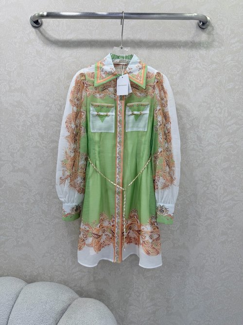 Zimmermann Positioned Floral Collared Long-sleeved Dress with Chain Waist Belt