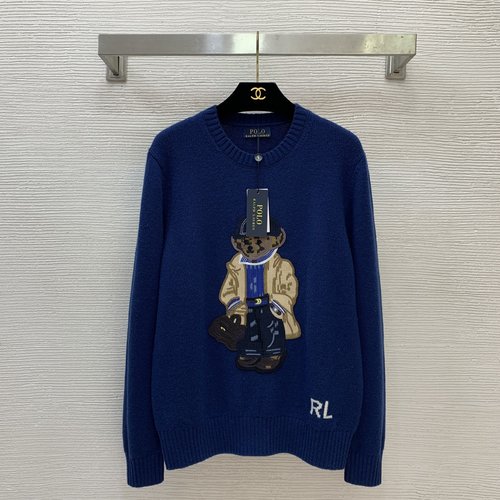 Polo Ralph Lauren Blue Wool Knit Sweater with Bear Logo and Pocket
