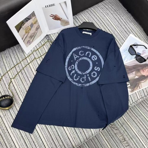 Acne Studios Button Logo Printed Mock Two-Piece Long Sleeve Tee, Retro Charm