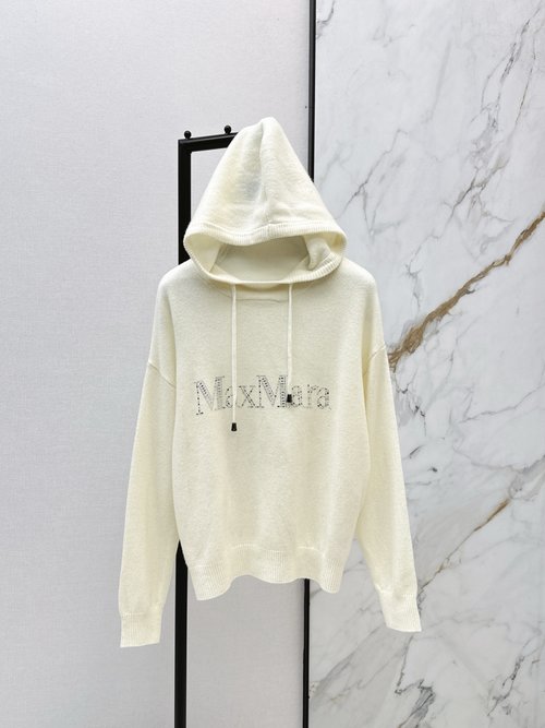 Max Mara Logo Letter Rhinestone Hooded Sweater with Heavy-Duty Ornamentation