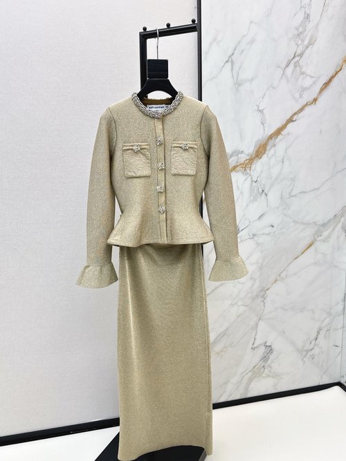 Miu Miu Golden Knit Dress with Ruffled Collar and Flared Sleeves for Formal Events