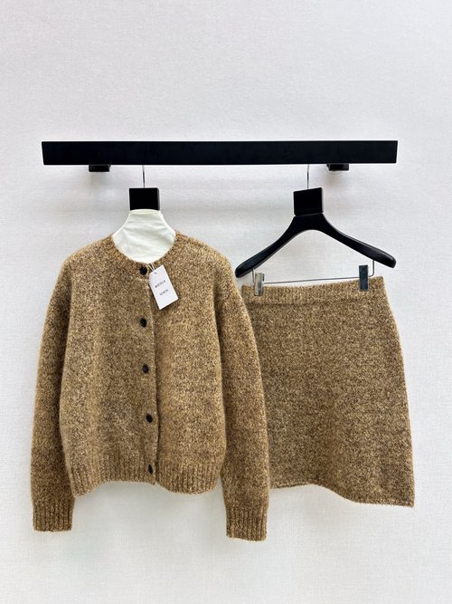 Bottega Veneta Lazy Set: Round Neck Cardigan & Elastic Waist Skirt