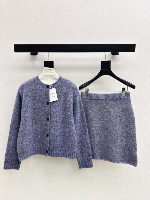 Bottega Veneta Lazy Set: Round Neck Cardigan & Elastic Waist Skirt