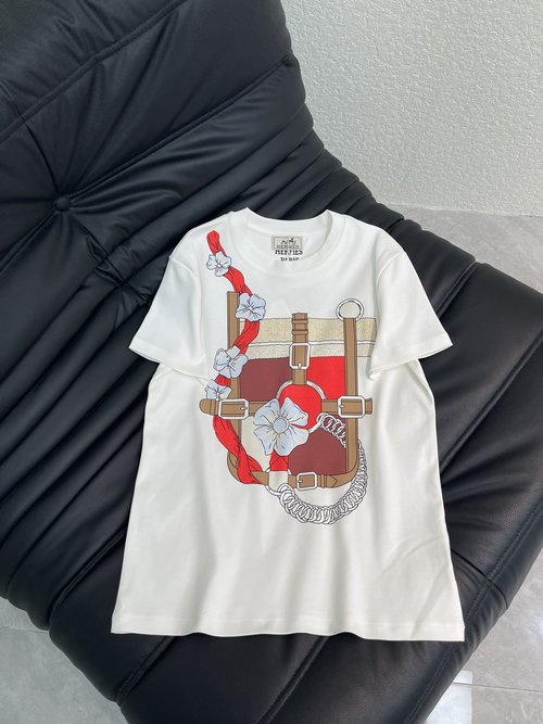 Hermes Cotton Short Sleeve Tee with Floral Belt Buckle Print