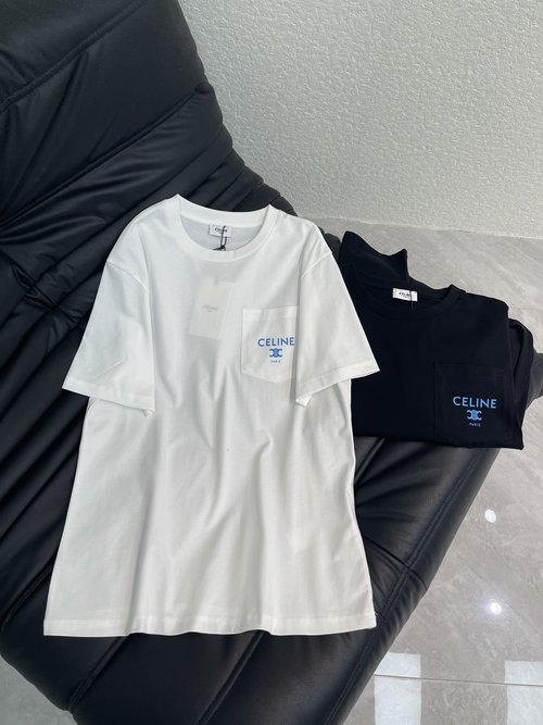 Celine Stylish Round Neck Logo Pocket Printed Silk Cotton T-Shirt