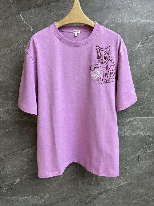 Loewe Cute Cat Embroidery Comfortable Round Neck T-shirt