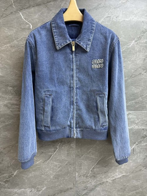 Miu Miu Blue Denim Jacket with Logo Embroidery, Vintage - Inspired