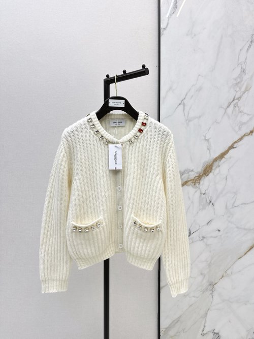 Thom Browne Water Diamond Decorated Round Neck Knit Cardigan in 100% Wool, Timeless Design