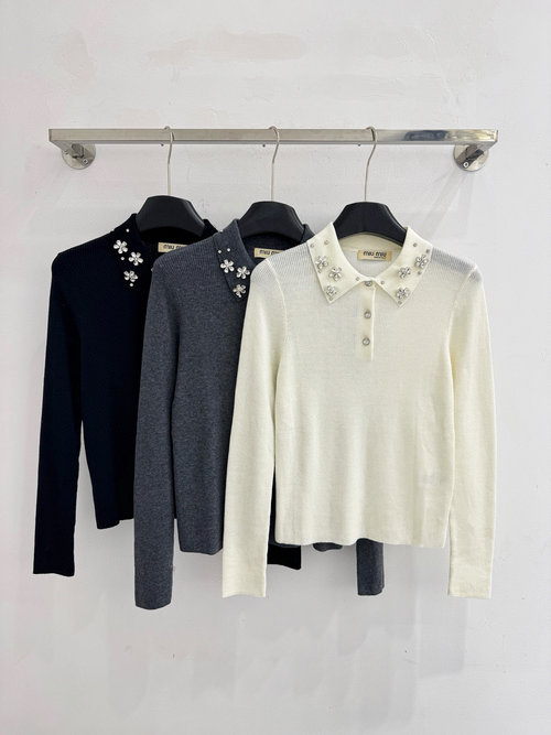 Miu Miu Beaded Collar Long-sleeved Knitwear with Elegant Design