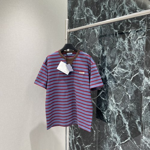 Prada Color-Blocked Striped Short-Sleeve T-Shirt with Brand Mark