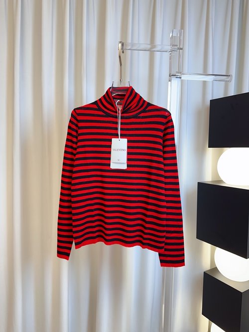 Valentino Luxurious Striped Wool High-Neck Top: Custom-Woven, Soft and Breathable