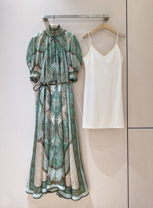 Zimmermann Silk Printed Long Dress with Lantern Sleeves and Belt