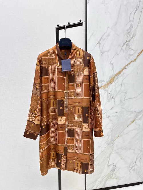Louis Vuitton MONOGRAM Print Silk Blouse Dress, Classic Collar Style