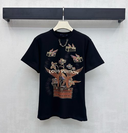 Louis Vuitton Round Neck Logo Print T-Shirt, All-Cotton