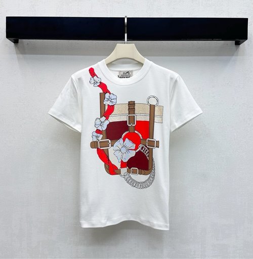 Hermes Round Neck Logo Print T-Shirt, Imported Cotton