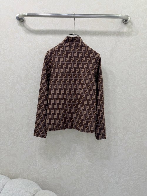 Fendi Small Stand-Collar Thermal Long-Sleeve Top with Double F Logo
