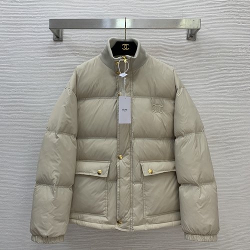 Celine Custom Logo Button Down Padded Down Jacket with Badge