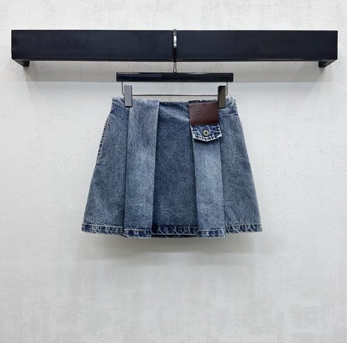 Loewe Leather Logo High-Waist Vintage Wash Denim Skirt