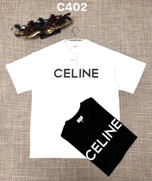 Celine Black and White Cotton Print Plain Weave T-Shirt
