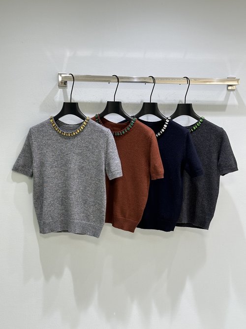 Prada Jeweled Short-Sleeve Wool-Cashmere Sweater