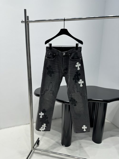 Chanel Denim Pants with Imported Cowhide Cross and Silver Logo Decoration