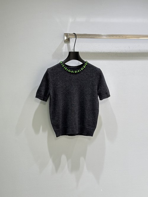 Prada Jeweled Short-Sleeve Wool-Cashmere Sweater