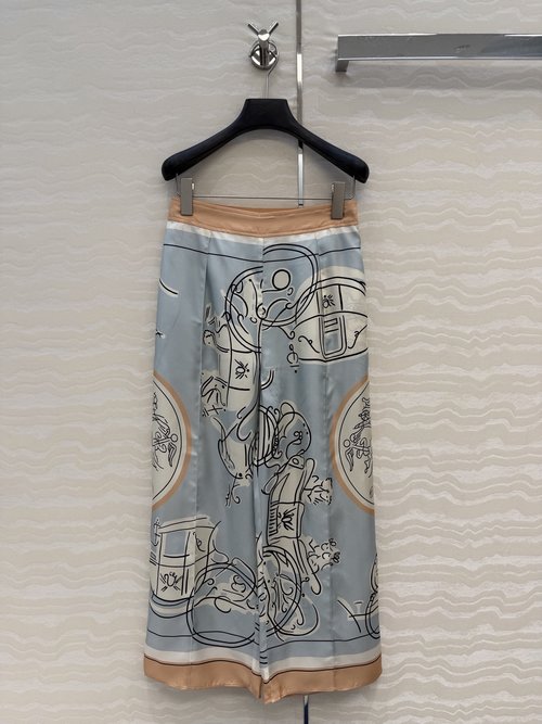 Hermes Ex Libris Printed Silk Wide - Leg Straight Trousers