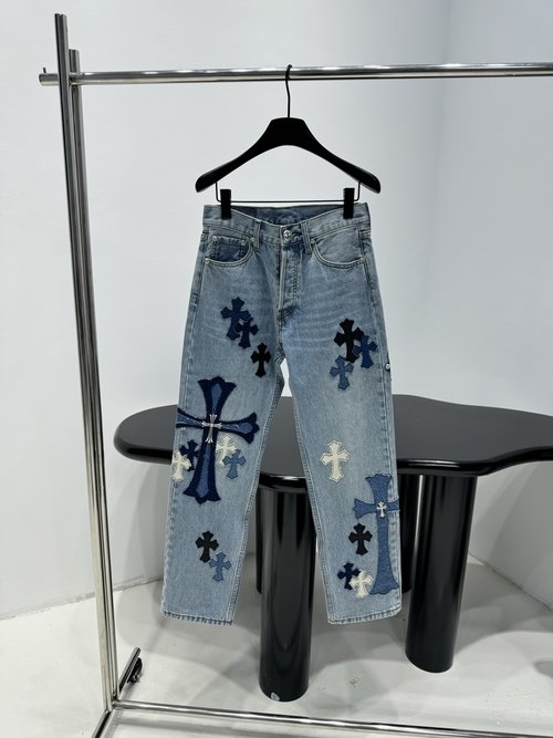 Chanel New Cowhide Cross Denim Trousers with Contrasting Patches