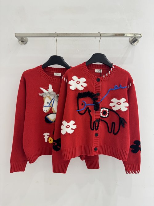Celine Red Cardigan with Hand-embroidered Animals and Flowers
